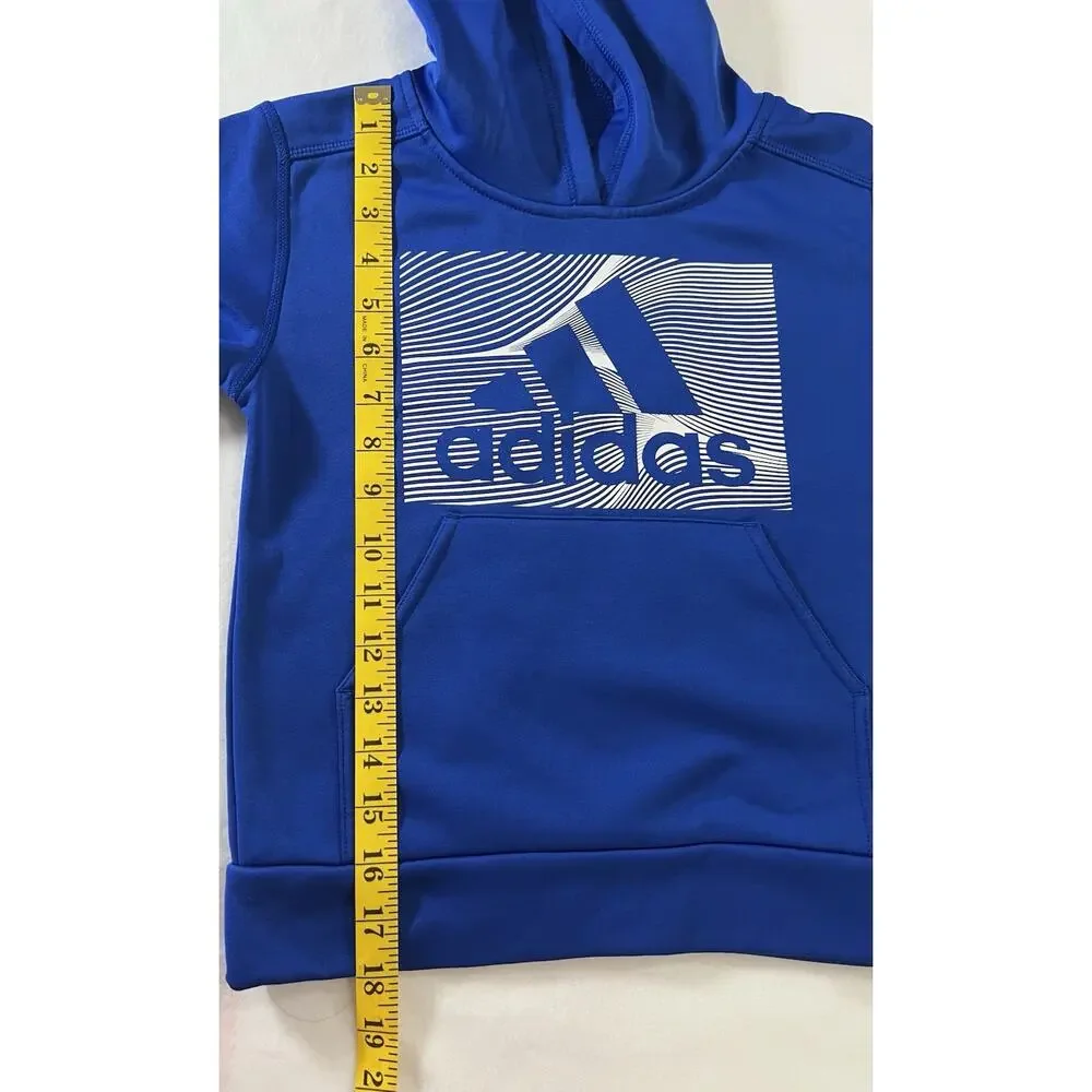 adidas Unisex Kids Blue Pullover Hoodie, Logo, Hooded, Pockets, Size 5